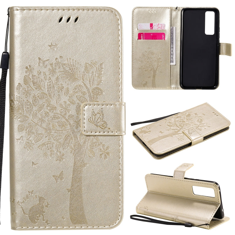 Tree & Cat Embossed Pattern Horizontal Flip Leather Case with Holder & Card Slots & Wallet & Lanyard, For Huawei Nova 7, For Huawei P40 Lite E