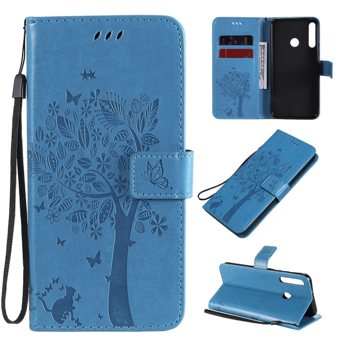 Tree & Cat Embossed Pattern Horizontal Flip Leather Case with Holder & Card Slots & Wallet & Lanyard, For Huawei Nova 7, For Huawei P40 Lite E