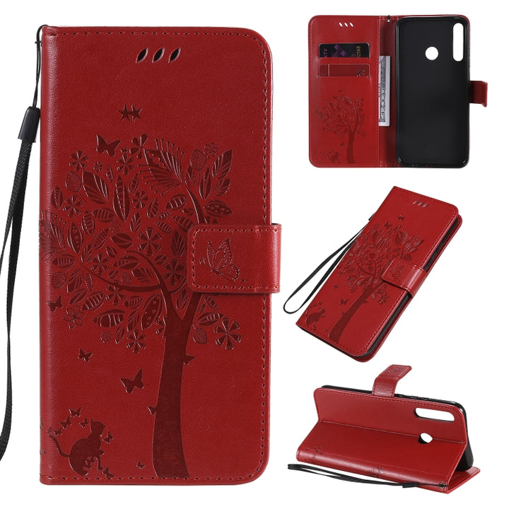 Tree & Cat Embossed Pattern Horizontal Flip Leather Case with Holder & Card Slots & Wallet & Lanyard, For Huawei Nova 7, For Huawei P40 Lite E