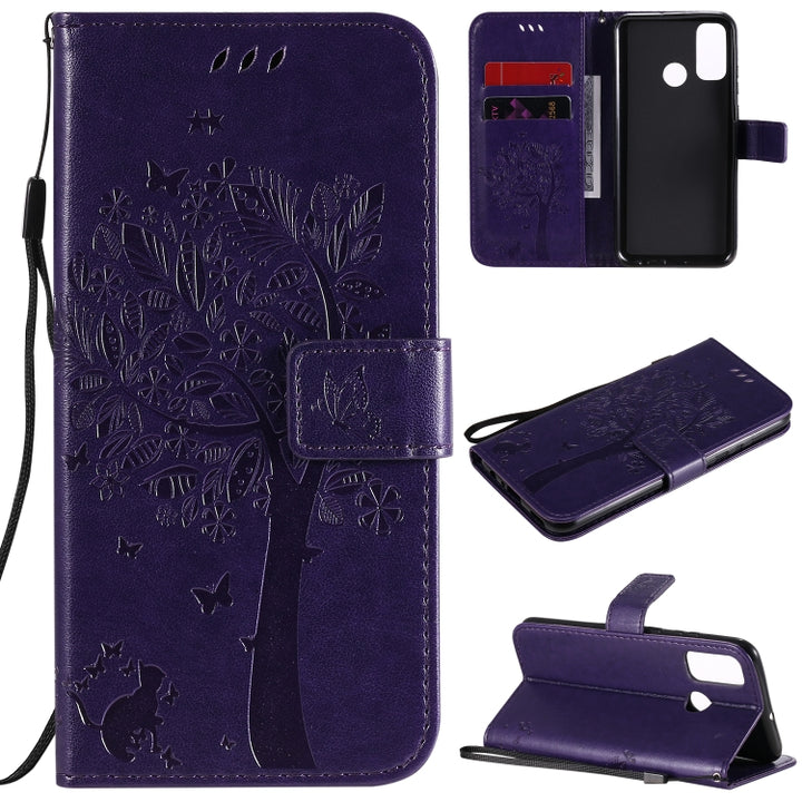 Tree & Cat Embossed Pattern Horizontal Flip Leather Case with Holder & Card Slots & Wallet & Lanyard, For Huawei P Smart 2020, For Huawei Y5p