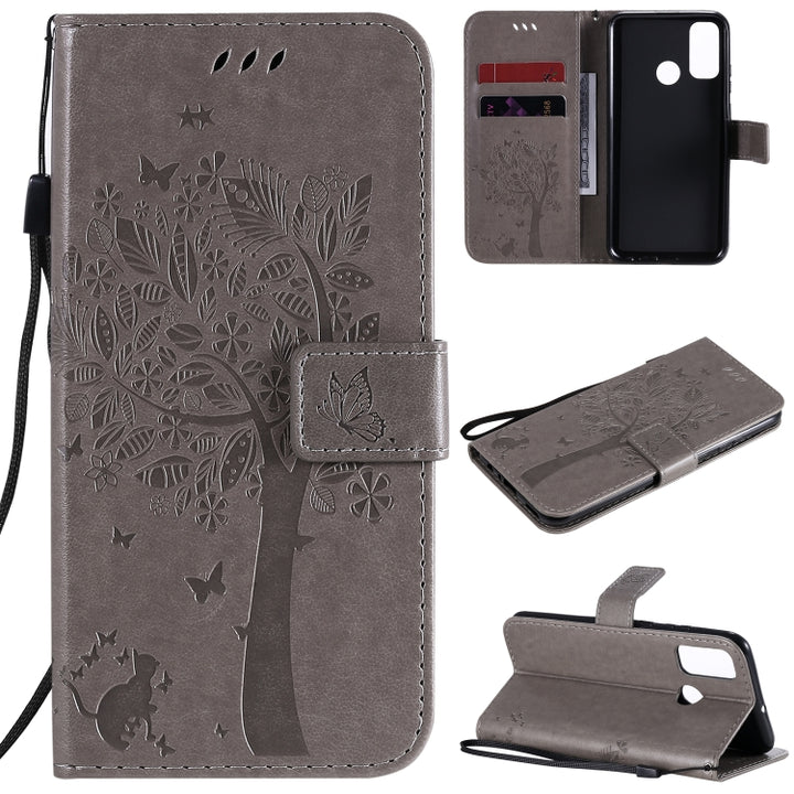 Tree & Cat Embossed Pattern Horizontal Flip Leather Case with Holder & Card Slots & Wallet & Lanyard, For Huawei P Smart 2020, For Huawei Y5p