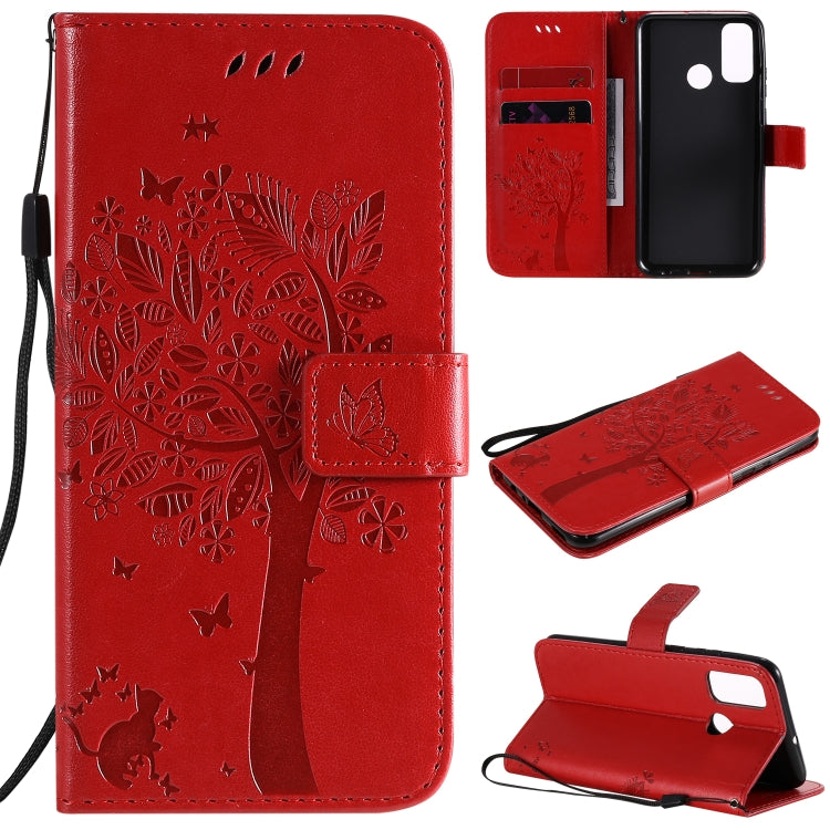 Tree & Cat Embossed Pattern Horizontal Flip Leather Case with Holder & Card Slots & Wallet & Lanyard, For Huawei P Smart 2020, For Huawei Y5p