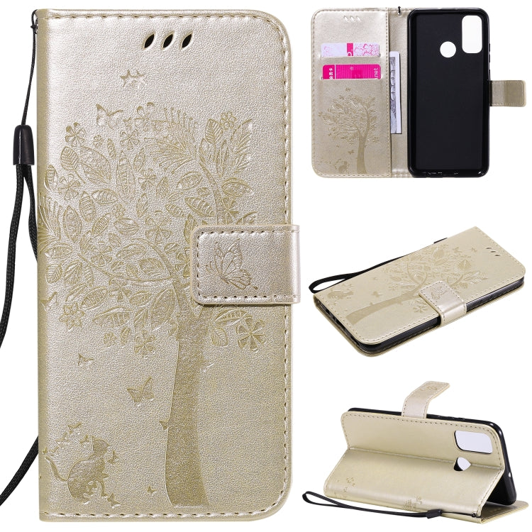 Tree & Cat Embossed Pattern Horizontal Flip Leather Case with Holder & Card Slots & Wallet & Lanyard, For Huawei P Smart 2020, For Huawei Y5p