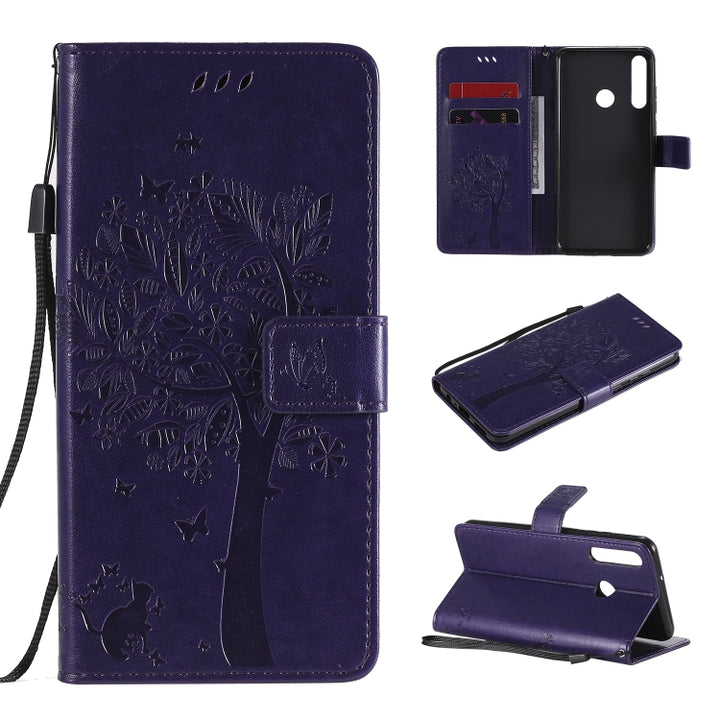 Tree & Cat Embossed Pattern Horizontal Flip Leather Case with Holder & Card Slots & Wallet & Lanyard, For Huawei Y6p, For Huawei Honor 9A