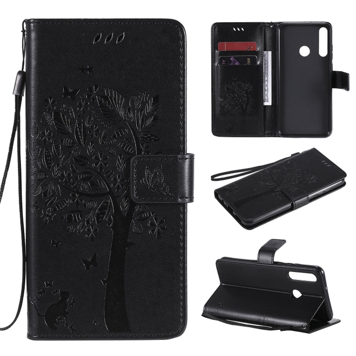 Tree & Cat Embossed Pattern Horizontal Flip Leather Case with Holder & Card Slots & Wallet & Lanyard, For Huawei Y6p, For Huawei Honor 9A