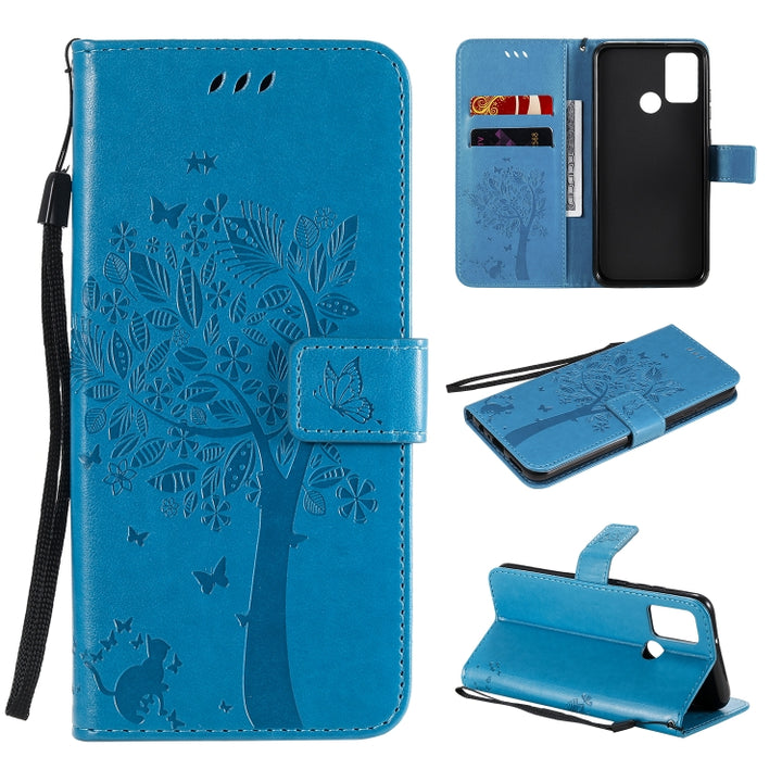 Tree & Cat Embossed Pattern Horizontal Flip Leather Case with Holder & Card Slots & Wallet & Lanyard, For Huawei Y6p, For Huawei Honor 9A