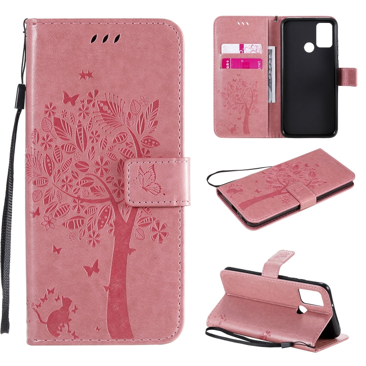 Tree & Cat Embossed Pattern Horizontal Flip Leather Case with Holder & Card Slots & Wallet & Lanyard, For Huawei Y6p, For Huawei Honor 9A