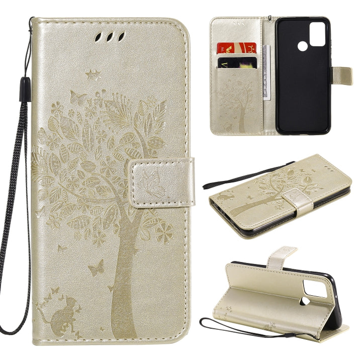 Tree & Cat Embossed Pattern Horizontal Flip Leather Case with Holder & Card Slots & Wallet & Lanyard, For Huawei Y6p, For Huawei Honor 9A