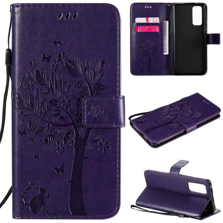 Tree & Cat Embossed Pattern Horizontal Flip Leather Case with Holder & Card Slots & Wallet & Lanyard, For Huawei Honor 30 Pro, For Huawei Honor 30