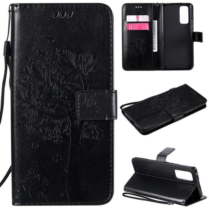 Tree & Cat Embossed Pattern Horizontal Flip Leather Case with Holder & Card Slots & Wallet & Lanyard, For Huawei Honor 30 Pro, For Huawei Honor 30