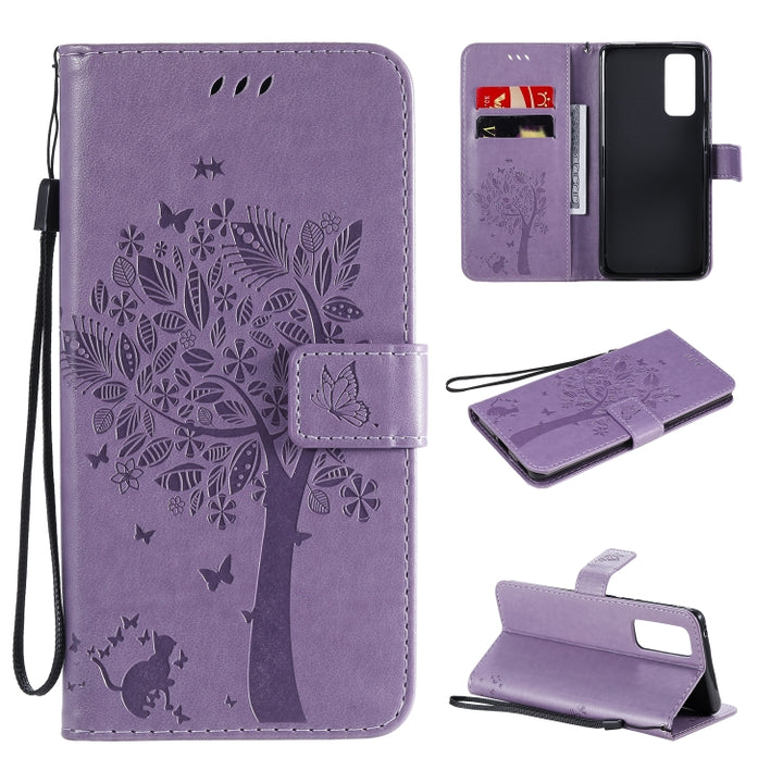 Tree & Cat Embossed Pattern Horizontal Flip Leather Case with Holder & Card Slots & Wallet & Lanyard, For Huawei Honor 30 Pro, For Huawei Honor 30