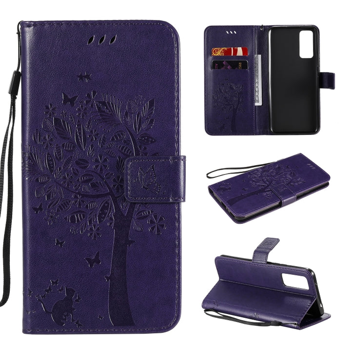 Tree & Cat Embossed Pattern Horizontal Flip Leather Case with Holder & Card Slots & Wallet & Lanyard, For Huawei Honor 30 Pro, For Huawei Honor 30