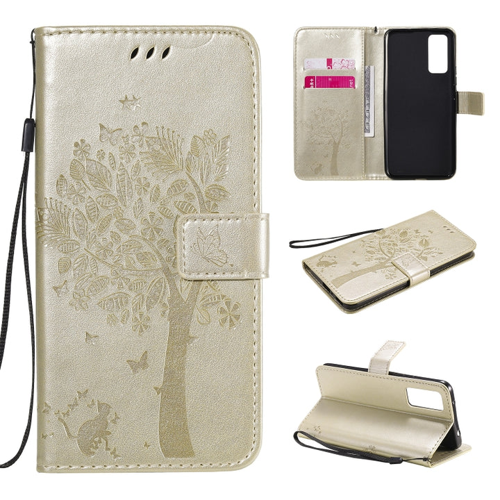 Tree & Cat Embossed Pattern Horizontal Flip Leather Case with Holder & Card Slots & Wallet & Lanyard, For Huawei Honor 30 Pro, For Huawei Honor 30