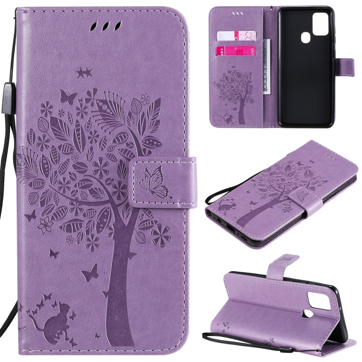 Tree & Cat Embossed Pattern Horizontal Flip Leather Case with Holder & Card Slots & Wallet & Lanyard, For Nokia 2.3, For Samsung Galaxy A21s