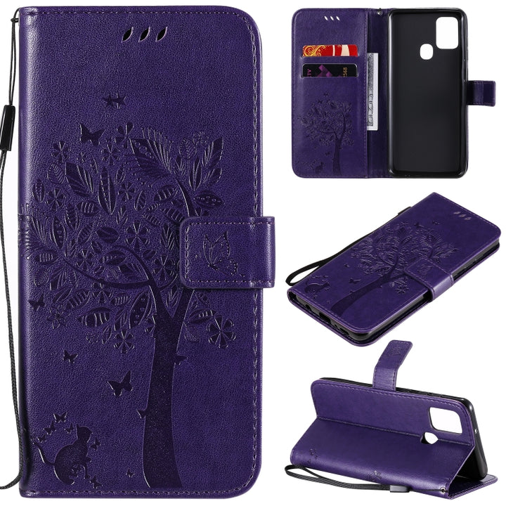 Tree & Cat Embossed Pattern Horizontal Flip Leather Case with Holder & Card Slots & Wallet & Lanyard, For Nokia 2.3, For Samsung Galaxy A21s