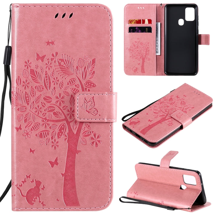 Tree & Cat Embossed Pattern Horizontal Flip Leather Case with Holder & Card Slots & Wallet & Lanyard, For Nokia 2.3, For Samsung Galaxy A21s