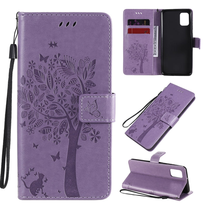 Tree & Cat Embossed Pattern Horizontal Flip Leather Case with Holder & Card Slots & Wallet & Lanyard, For Samsung Galaxy A31, For Samsung Galaxy A41