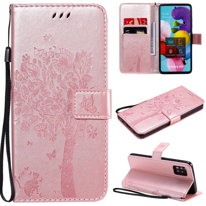 Tree & Cat Embossed Pattern Horizontal Flip Leather Case with Holder & Card Slots & Wallet & Lanyard, For Samsung Galaxy A51 5G, For Samsung Galaxy A71 5G