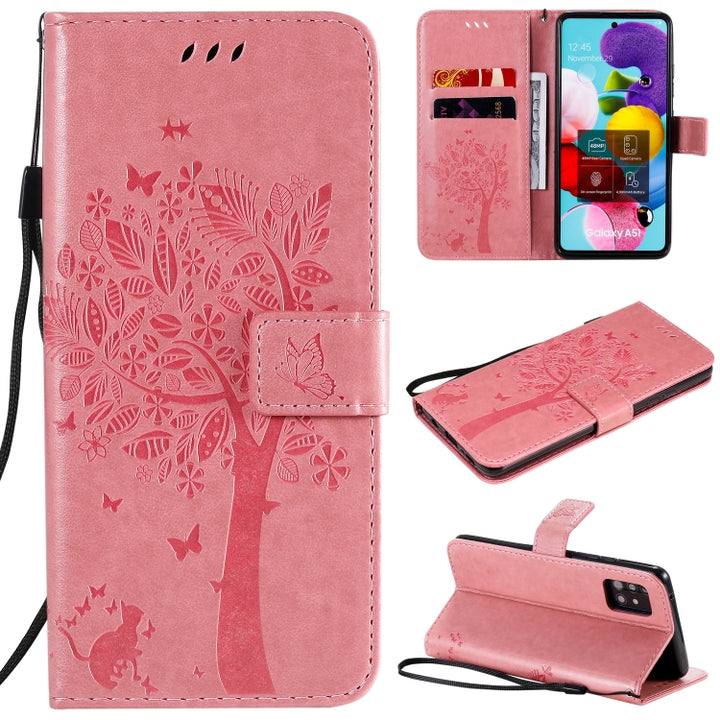 Tree & Cat Embossed Pattern Horizontal Flip Leather Case with Holder & Card Slots & Wallet & Lanyard, For Samsung Galaxy A51 5G, For Samsung Galaxy A71 5G