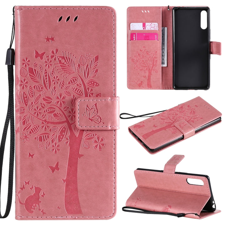 Tree & Cat Embossed Pattern Horizontal Flip Leather Case with Holder & Card Slots & Wallet & Lanyard, For Sony Xperia L4, For Sony Xperia 10 II