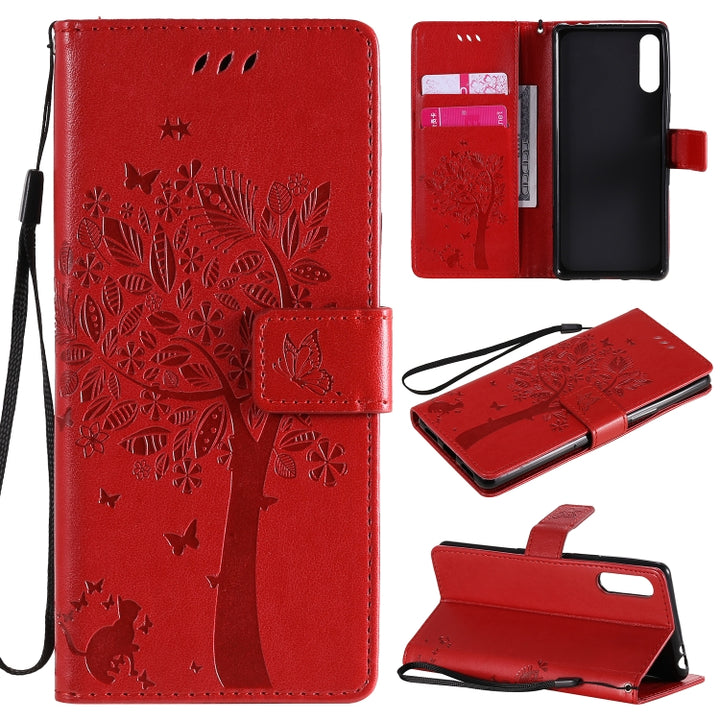 Tree & Cat Embossed Pattern Horizontal Flip Leather Case with Holder & Card Slots & Wallet & Lanyard, For Sony Xperia L4, For Sony Xperia 10 II