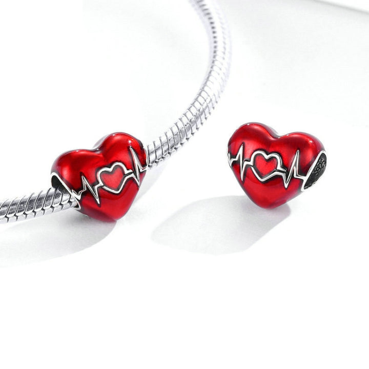 S925 Sterling Silver Pendant Love Heartbeat Red Love Heart Line Illustration Beads DIY Bracelet Necklace Accessories