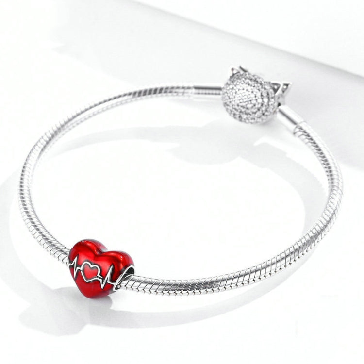 S925 Sterling Silver Pendant Love Heartbeat Red Love Heart Line Illustration Beads DIY Bracelet Necklace Accessories