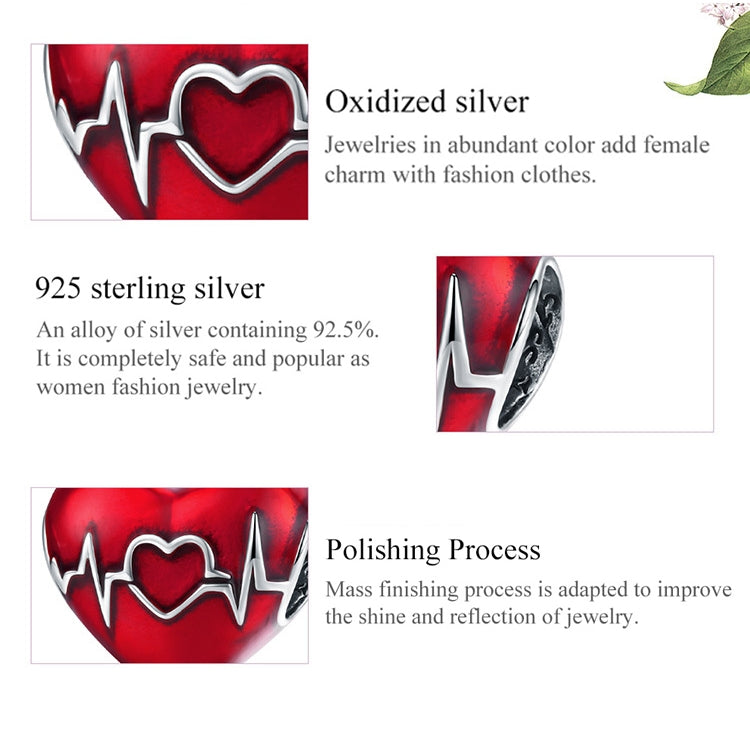 S925 Sterling Silver Pendant Love Heartbeat Red Love Heart Line Illustration Beads DIY Bracelet Necklace Accessories