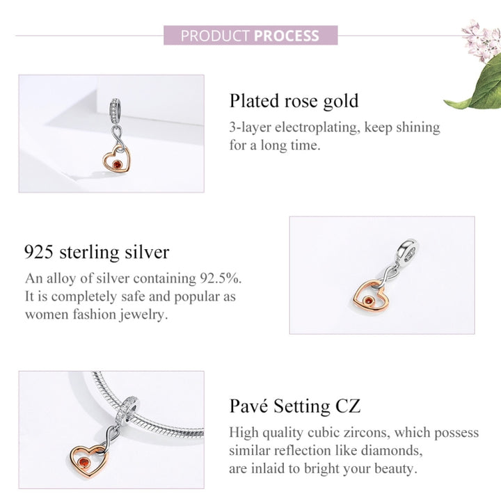 S925 Sterling Silver Pendant Heart Shaped Rose Gold Beads DIY Bracelet Necklace Accessories