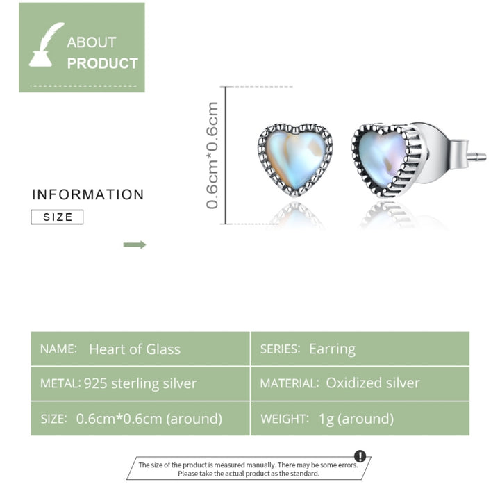 S925 Sterling Silver Simple Heart of Glass Earrings