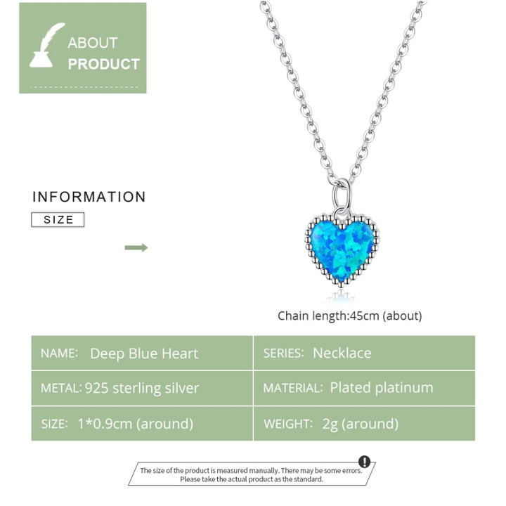 S925 Sterling Silver Deep Blue Heart Women Nacklace Jewelry