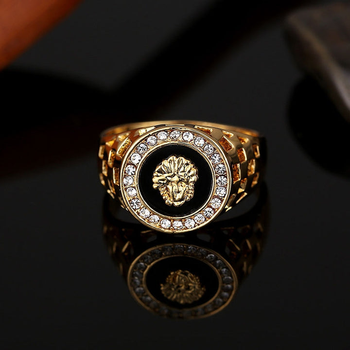 Hip Hop 18K Gold Plated Lion Head Rhinestone Ring for Men, US Size: 9, Inner Diameter: 19mm, Perimeter: 59mm, 9