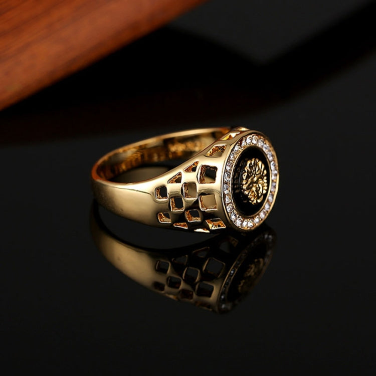 Hip Hop 18K Gold Plated Lion Head Rhinestone Ring for Men, US Size: 9, Inner Diameter: 19mm, Perimeter: 59mm, 9