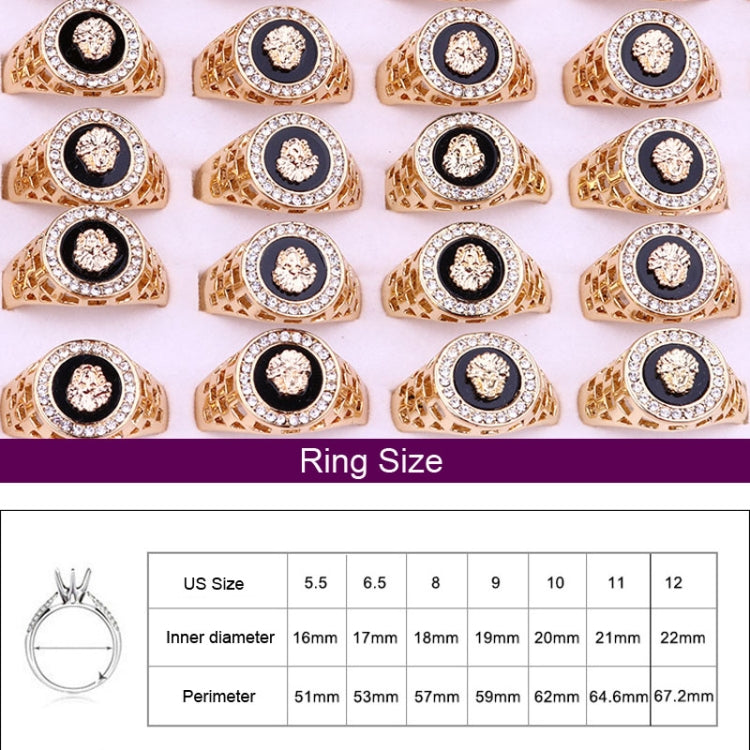 Hip Hop 18K Gold Plated Lion Head Rhinestone Ring for Men, US Size: 9, Inner Diameter: 19mm, Perimeter: 59mm, 9