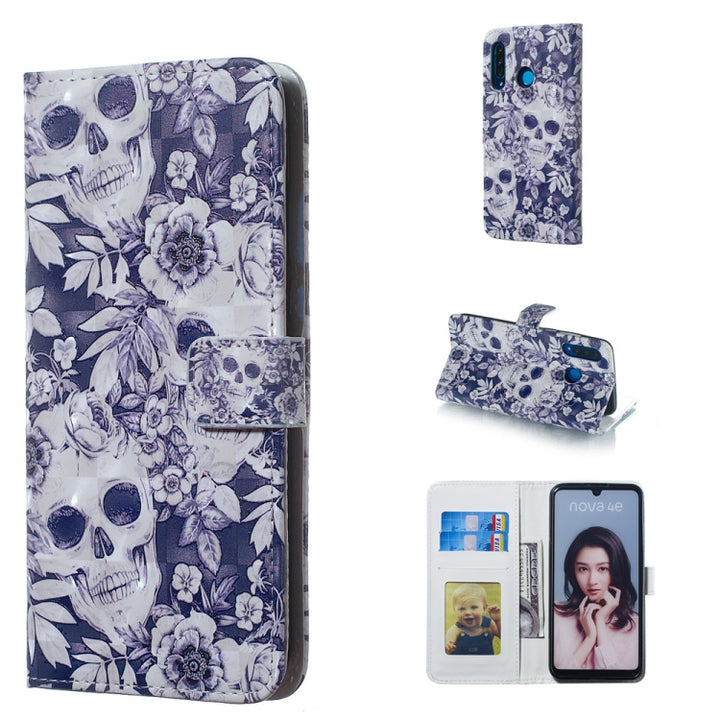 Skull and Flower Pattern 3D Horizontal Flip Leather Case for Huawei P30 Lite, with Holder & Card Slots & Photo Frame & Wallet, Huawei P30 Lite