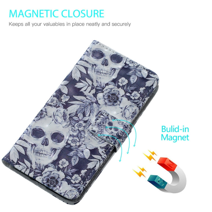 Skull and Flower Pattern 3D Horizontal Flip Leather Case for Huawei P30 Lite, with Holder & Card Slots & Photo Frame & Wallet, Huawei P30 Lite