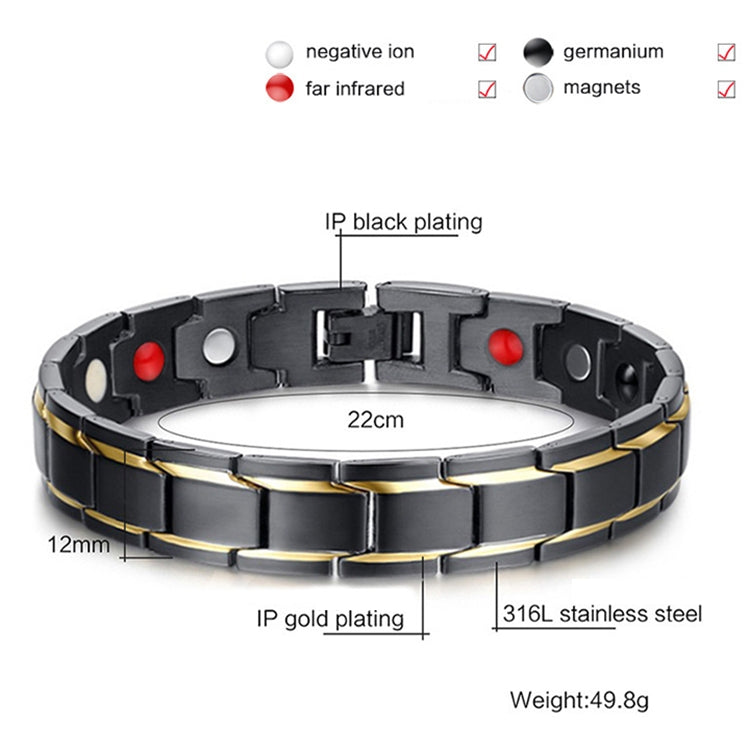 Europe and America Style Fashion Men Jewelry Stainless Steel + Gold-mounted Plating Magnetic Health Bracelet, Size: 12mm*22cm (Black+Gold), Size: 12mm*22cm (Black+Gold)