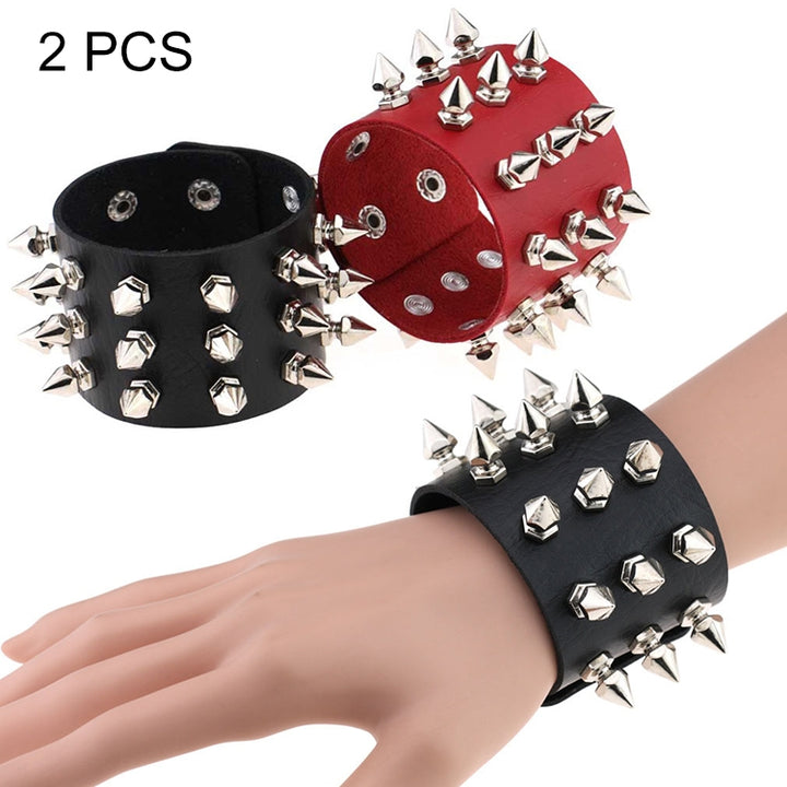 2 PCS European and American Punk Style Fashion Exaggerated Conical Tip 3 Rows Rivets Leather Bracelet, Random Color Delivery