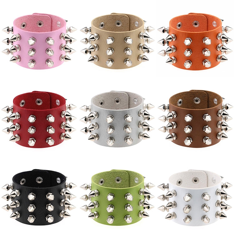 2 PCS European and American Punk Style Fashion Exaggerated Conical Tip 3 Rows Rivets Leather Bracelet, Random Color Delivery