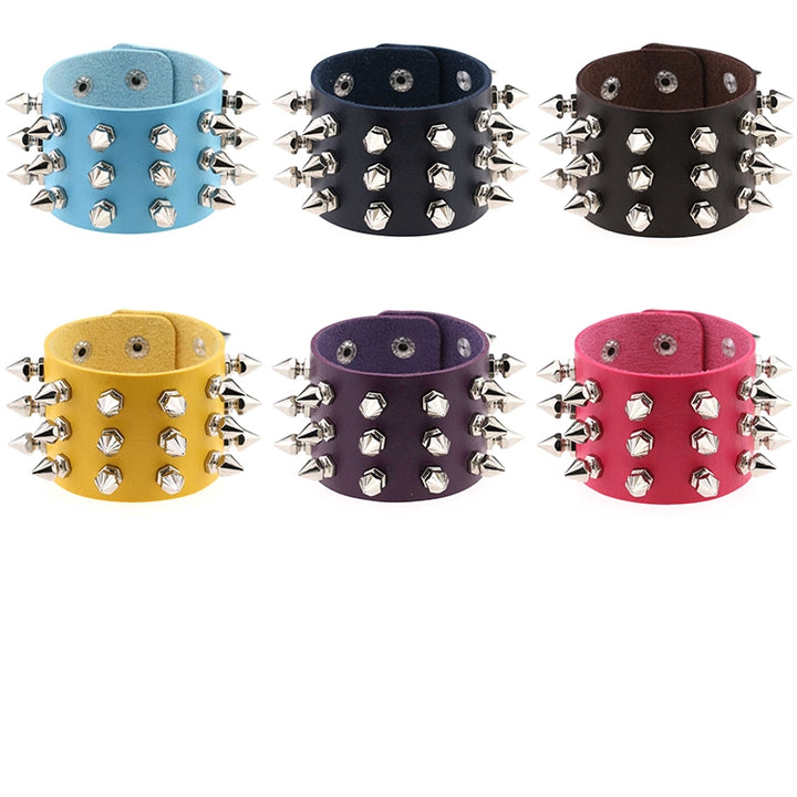 2 PCS European and American Punk Style Fashion Exaggerated Conical Tip 3 Rows Rivets Leather Bracelet, Random Color Delivery