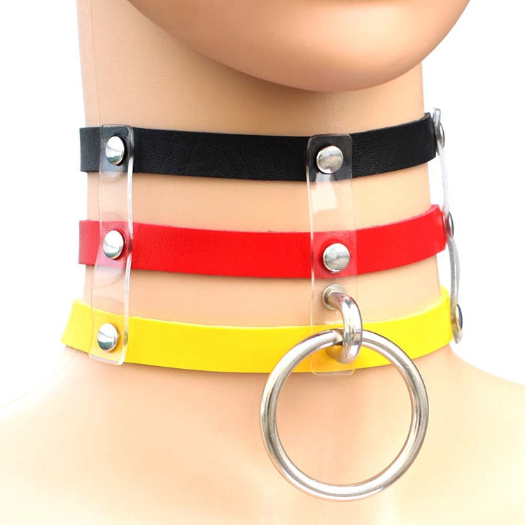 Harajuku Fashion Punk Gothic Rivets Collar Hand 3-rows Caged Leather Collar Necklace, (Red+White+Red), (White), (Dark Blue+Yellow+Green), (Magenta), (Dark Blue+Yellow+Dark Blue), Black, (Red+Green+Red), (Yellow), Coffee, (Purple), (Brown), 黑+红+黄