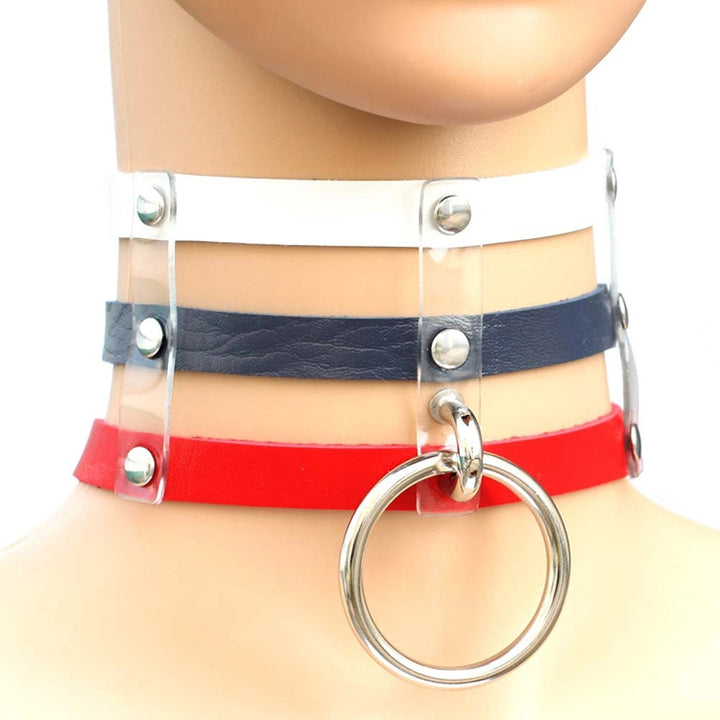 Harajuku Fashion Punk Gothic Rivets Collar Hand 3-rows Caged Leather Collar Necklace, (Red+White+Red), (White), (Dark Blue+Yellow+Green), (Magenta), (Dark Blue+Yellow+Dark Blue), Black, (Red+Green+Red), (Yellow), Coffee, (Purple), (Brown), 黑+红+黄