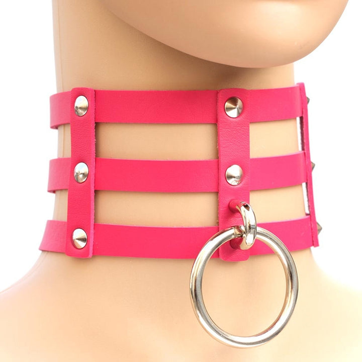 Harajuku Fashion Punk Gothic Rivets Collar Hand 3-rows Caged Leather Collar Necklace, (Red+White+Red), (White), (Dark Blue+Yellow+Green), (Magenta), (Dark Blue+Yellow+Dark Blue), Black, (Red+Green+Red), (Yellow), Coffee, (Purple), (Brown), 黑+红+黄