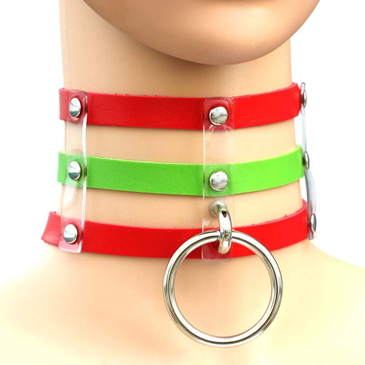 Harajuku Fashion Punk Gothic Rivets Collar Hand 3-rows Caged Leather Collar Necklace, (Red+White+Red), (White), (Dark Blue+Yellow+Green), (Magenta), (Dark Blue+Yellow+Dark Blue), Black, (Red+Green+Red), (Yellow), Coffee, (Purple), (Brown), 黑+红+黄