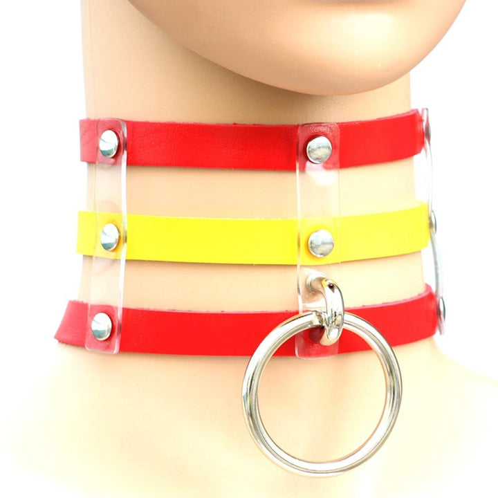 Harajuku Fashion Punk Gothic Rivets Collar Hand 3-rows Caged Leather Collar Necklace, (Red+White+Red), (White), (Dark Blue+Yellow+Green), (Magenta), (Dark Blue+Yellow+Dark Blue), Black, (Red+Green+Red), (Yellow), Coffee, (Purple), (Brown), 黑+红+黄