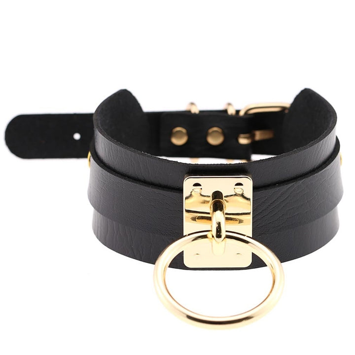 European and American Harajuku PU Leather Gold Single Ring Collar Wide Street-Snap Nightclub O-shaped Choker Necklace, Gold Ring