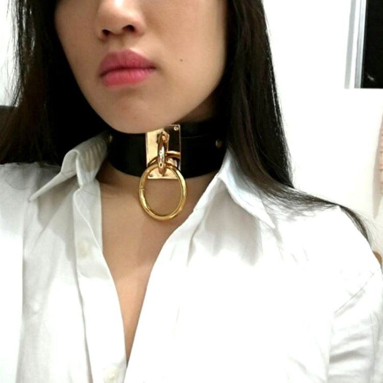 European and American Harajuku PU Leather Gold Single Ring Collar Wide Street-Snap Nightclub O-shaped Choker Necklace, Gold Ring