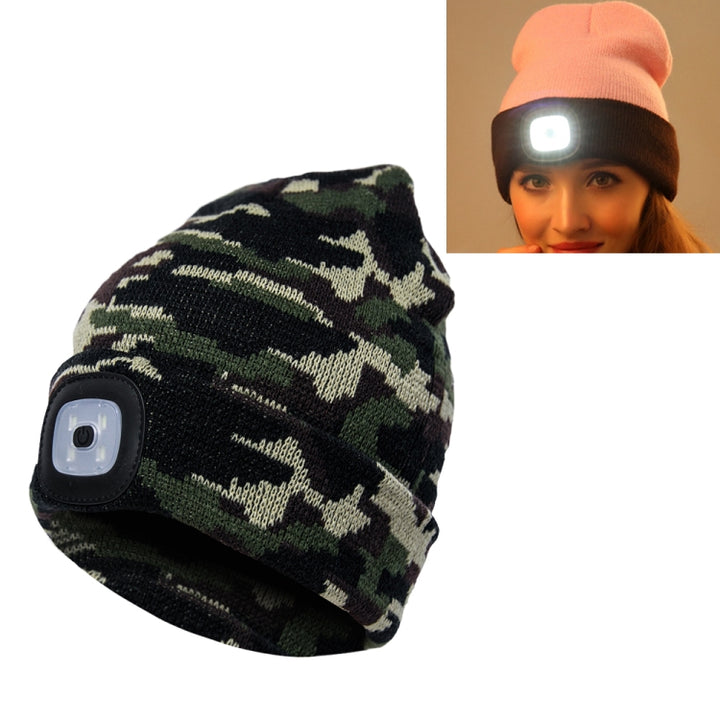 Unisex Warm Winter Polyacrylonitrile Knit Hat Adult Head Cap with 4 LED Lights, USB Type