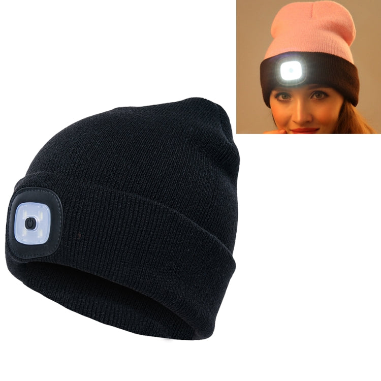 Unisex Warm Winter Polyacrylonitrile Knit Hat Adult Head Cap with 4 LED Lights, USB Type