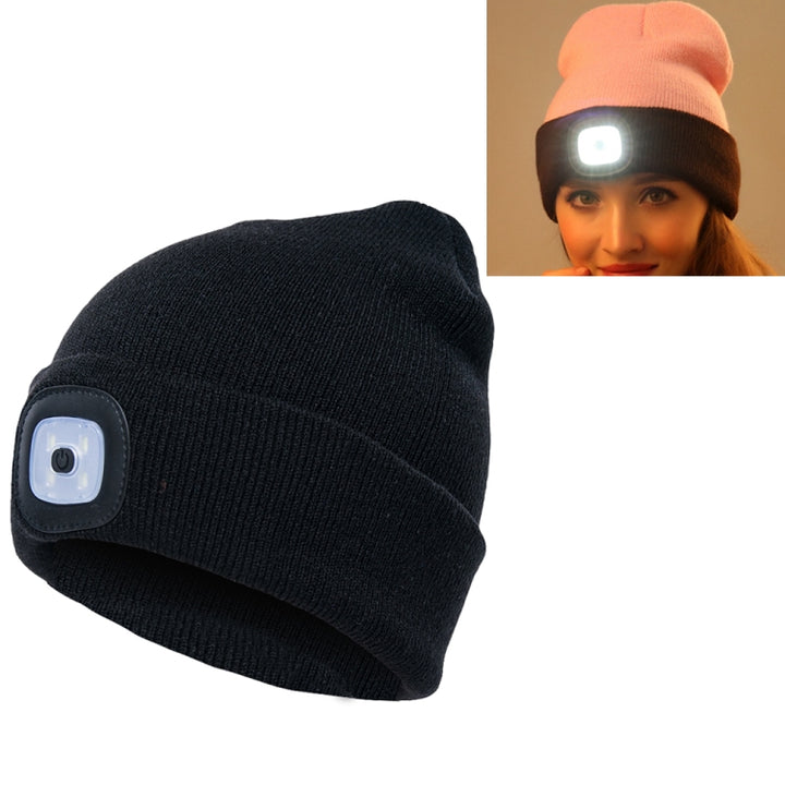 Unisex Warm Winter Polyacrylonitrile Knit Hat Adult Head Cap with 4 LED Lights, USB Type